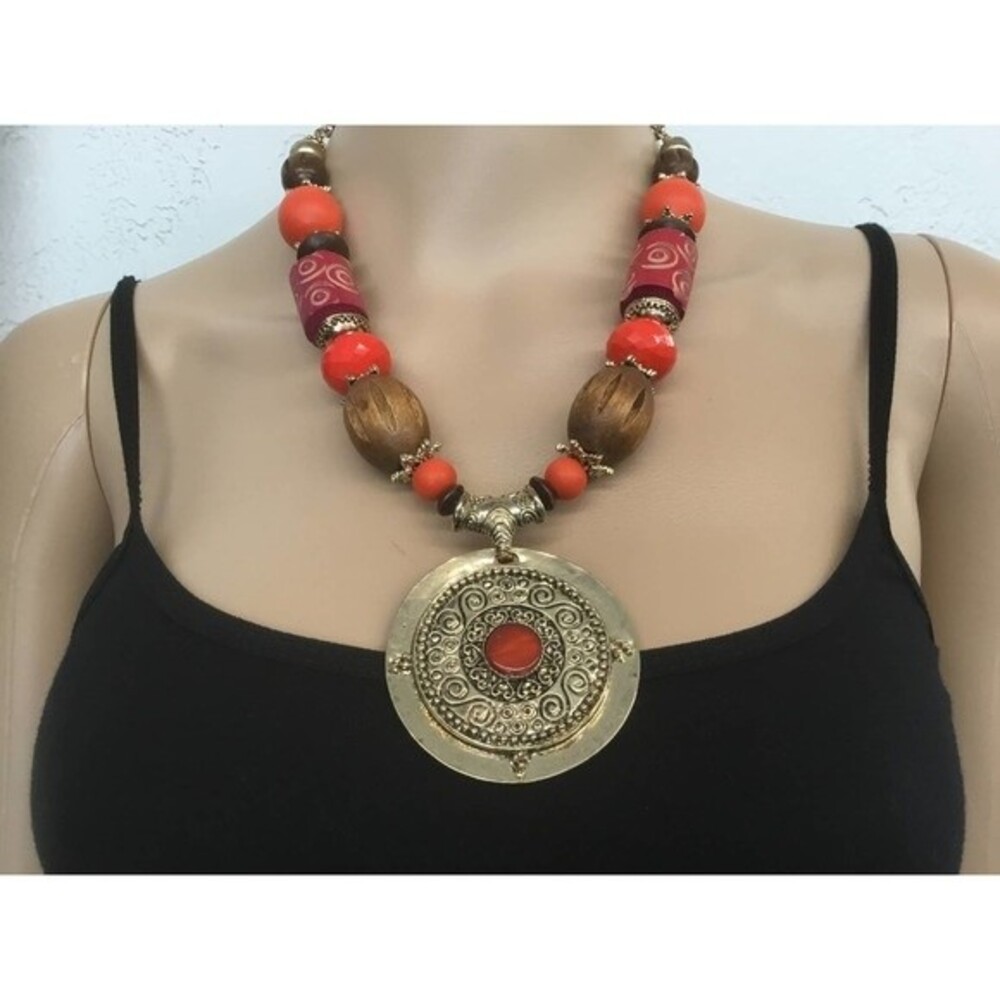 Erica Lyons Wooden Bead Large Medallion Necklace